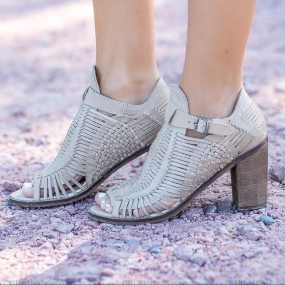 Cream Distressed Leather Block Heel Huarache Boot - Picture 1 of 4